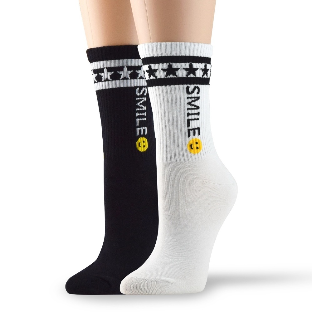 2 Pairs of Women's Crew Socks Smiley Face
